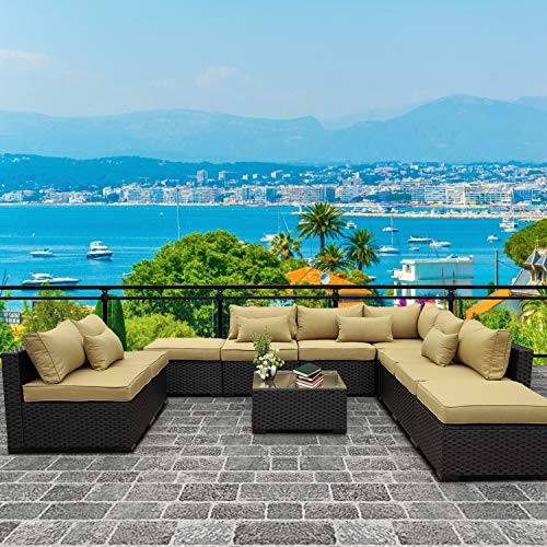 VALITA Patio PE Wicker Furniture Set 10 Pieces Outdoor Black Rattan Sectional Conversation Sofa Chair with Olive Green Cushions