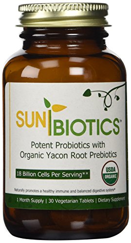 Sunbiotics #1 USDA Certified Organic Probiotic w/Organic Yacon Root Prebiotics: 30 Veg Tabs