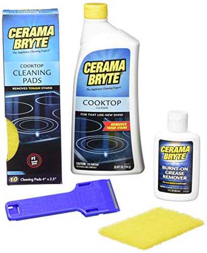 Cerama Bryte Best Value Kit: Ceramic Cooktop Cleaner 28oz, Scraper, 10 Pads, Burnt-on Grease Remover 2oz