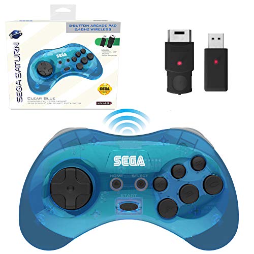 Retro-Bit Official Sega Saturn 2.4 GHz Wireless Controller 8-Button Arcade Pad for Sega Saturn, Sega Genesis Mini, Switch, PS3, PC, Mac - Includes 2 Receivers & Storage Case (Clear Blue)