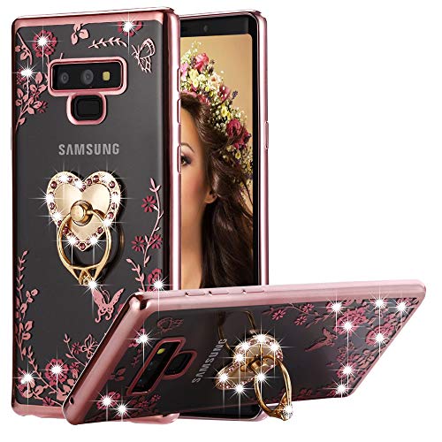 Galaxy Note 9 Case Pink Ring, Miniko(TM) Soft Slim Bling Rhinestone Floral Crystal TPU Plating Rubber Case Cover with Detachable 360 Diamond Finger Ring Holder Stand for Galaxy Note 9