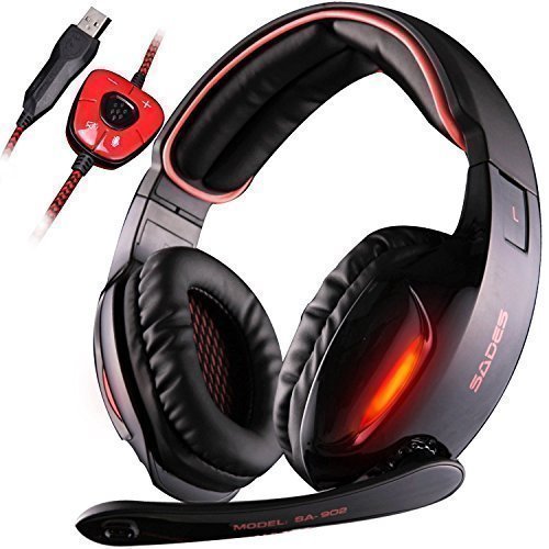 SADES 7.1 Surround Stereo SoundGaming Headset, USB Over Ear Gaming Headphones, Red Headset with Noise Cancelling & Mic Volume Control & Led Light for PC MAC Laptop Computer Games