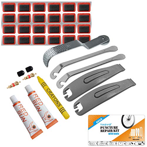 Bike Puncture Repair Kit - Bicycle Tyre Hose Glue Adhesive Super Patches Hardened Levers Rasp Tool for All Inflatable Inner Tubes in Road Emergency