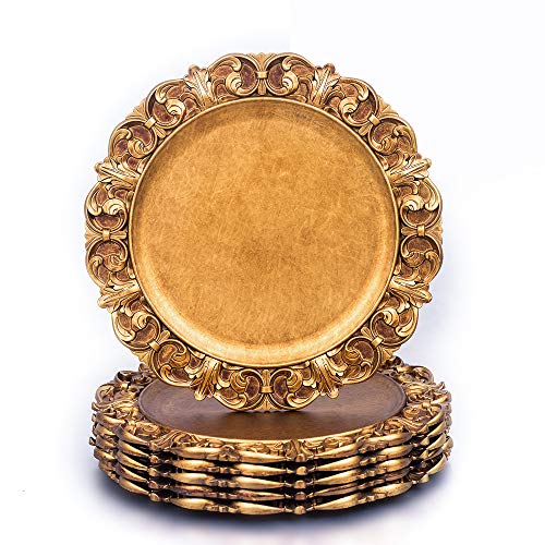 MAONAME 14.2 Inch Plastic Charger Plates, Large Gold Service Plate for Placemats, Dinner Chargers Decor