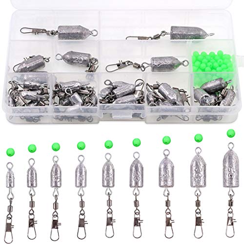 Swpeet 86 Pieces 9 Sizes 5g-35g Fishing Weights Bullet Lead Sinker Rolling Swivel with Interlock Snap Connector Inline and Green Fluorescent Fishing Beads Perfect for Freshwater Saltwater