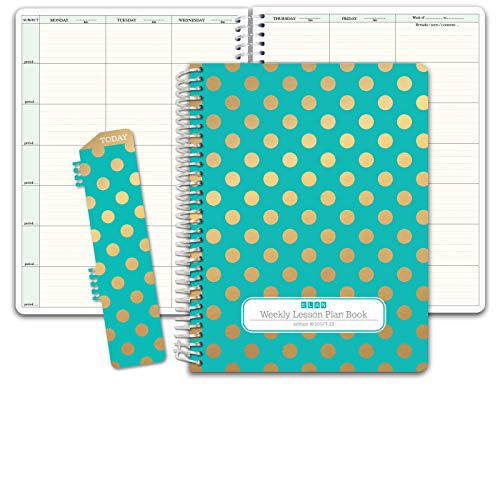 HARDCOVER 7 Period Teacher Lesson Plan; Days Horizontally Across The Top (W101) (+) Bonus Clip-in Bookmark (Gold Dots Turquoise)