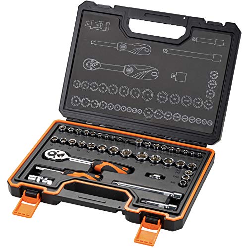 KENDO 42-Pieces 1/4’’& 3/8” Dr. Ratchet Socket Wrench Set for Mechanics - Professional CRV SAE & Metric Sockets & Accessories + 72 Tooth Reversible Quick Release Wrench - Premium Carry Case Included