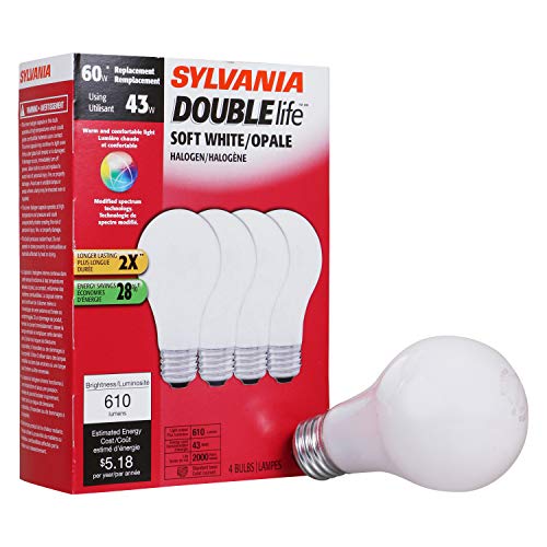 SYLVANIA Halogen Lamp Double Life / Dimmable Light Bulb A19 / Energy-Saving Replacement for 60W Incandescent / Medium Base E26 / 43 Watt / 2750K – Soft White, 4 Pack