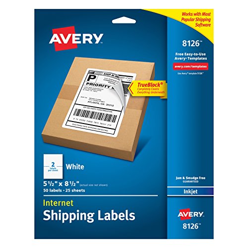 Avery 8126 Shipping Address Labels, Inkjet Printers, 50 Labels, Half Sheet Labels, Permanent Adhesive, True Block, 1 Pack, White
