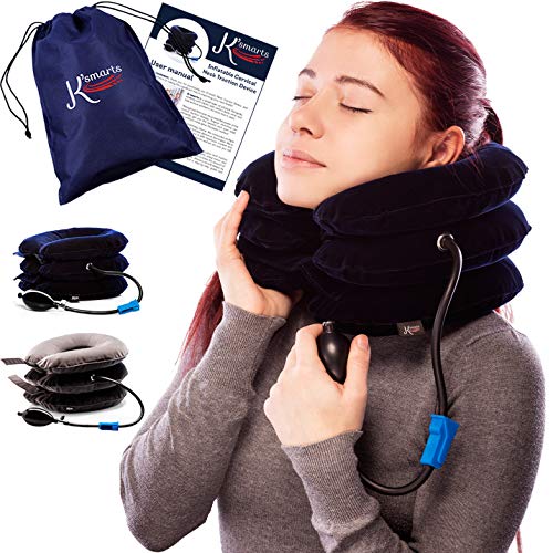 Pinched Nerve Neck Stretcher Cervical Traction Device for Home Pain Treatment | Inflatable Spinal Decompression Collar Unit Muscle Strain Injury Relief | Herniated Disc Problems Remedy Kit (Blue)