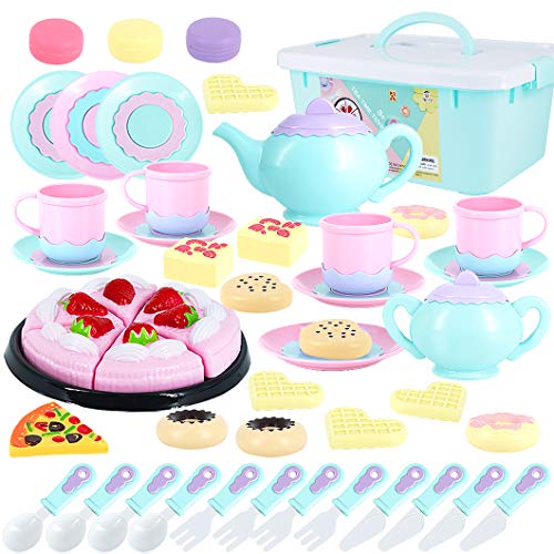 Toys Tea Set 50 Pieces Party Play Food for Kids,Princess Tea Time Toy Set Including Dessert,Cookies,Doughnut,Tea Party Accessories Toy for Toddlers,Boys Girls