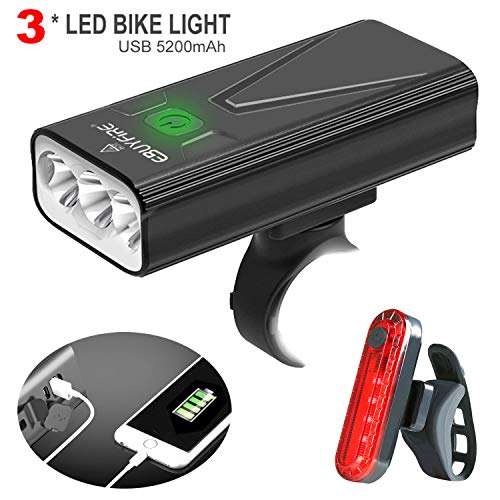EBUYFIRE USB Rechargeable Bike Light Set, 3000 Lumens Bike Headlight 3 LEDUpgrade Mount,Super Bright Headlight Front Lights and Back Rear LED,3 Light Mode Fits All Bicycles, Mountain,Road