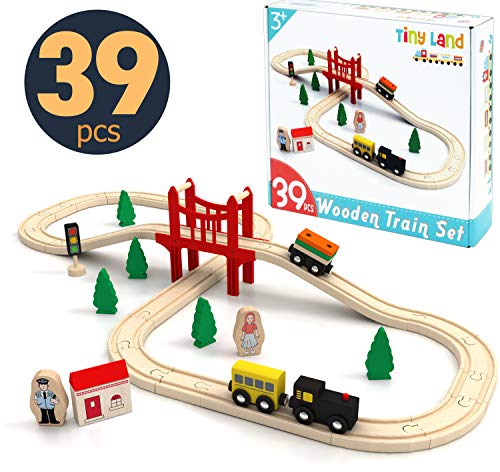 Toy Train Set- 39 Piece Wooden Track & Train Pack Fits Thomas, Chuggington, Melissa- Kids Friendly Building & Construction Toy- Expandable, Changeable-Fun for 3+ Years Old Girls & Boys