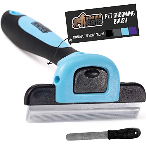 Gorilla Grip Premium Dog and Cat Grooming Brush, Pet Deshedding Tool, Effectively Reduces Shedding, Slip Resistant Silicone Handle, Quick Release Comb, Safe and Gentle Long or Short Hair Remover, Blue