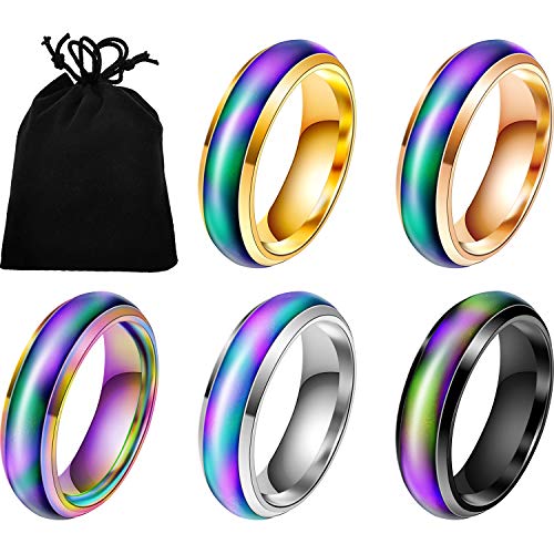5 Pieces Stainless Steel Changing Color Mood Ring Unisex Temperature Emotion Ring