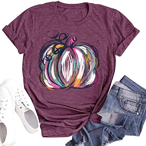 Halloween Pumpkin Shirt Women Plaid Leopard Graphic Tees Funny Cute Short Sleeve Fall Shirt Thanksgiving Gift Tops (Purple 2, L)