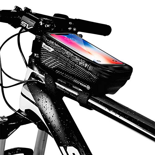 WILD MAN Bike Phone Mount Bag, Cycling Waterproof Front Frame Top Tube Handlebar Bag with Touch Screen Holder Case for iPhone X XS Max XR 8 7 Plus, for Android/iPhone Cellphones Under 6.5”