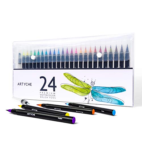 Watercolor Brush Pens by Artyche - Real Watercolor Pen Markers for Adults, Kids, Beginners & Artists - 24 Vibrant Water Color Brush Tip Pen Art Markers - 25pc Watercolor Brush Marker Paint Pens Kit