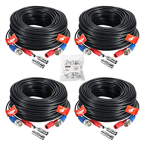 ZOSI 4 Pack 100ft(30M) 4K 8MP 5MP 1080P All-in-One CCTV Video Power Cables, BNC Extension Security Wire Cord for Video Surveillance Camera DVR System With BNC RCA Connector and 100pcs Cable Clips
