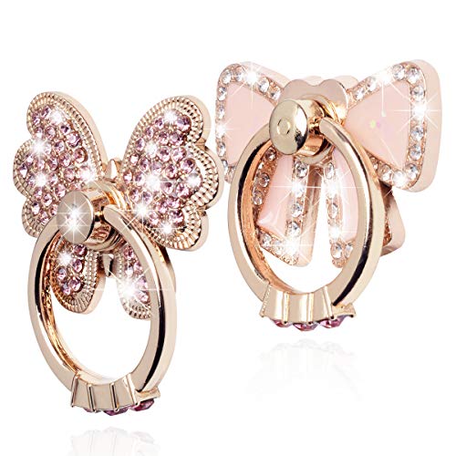Finger Ring Stand,WATACHE 2 Pack Luxury Glitter Diamond Universal Metal Finger Ring Grip Holder Kickstand for iPhone Xs Max Xr X 8 7 6 6s Plus 5s,Galaxy S10 Plus S8 S7 S6 Note,All Smartphone,Pink/Bow