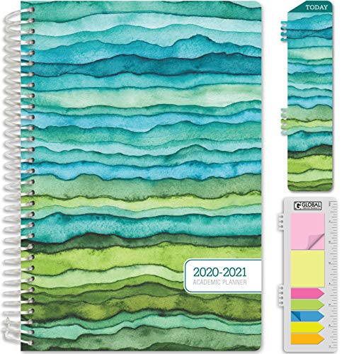 HARDCOVER Academic Year 2020-2021 Planner: (June 2020 Through July 2021) 5.5'x8' Daily Weekly Monthly Planner Yearly Agenda. Bookmark, Pocket Folder and Sticky Note Set (Green Waves)