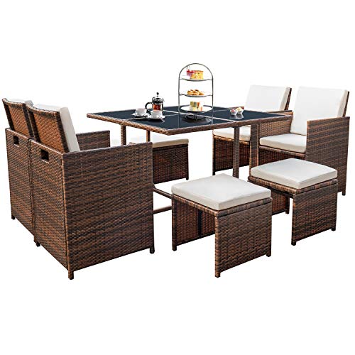 Devoko 9 Pieces Patio Dining Sets Outdoor Space Saving Rattan Chairs with Glass Table Patio Furniture Sets Cushioned Seating and Back Sectional Conversation Set (Beige)