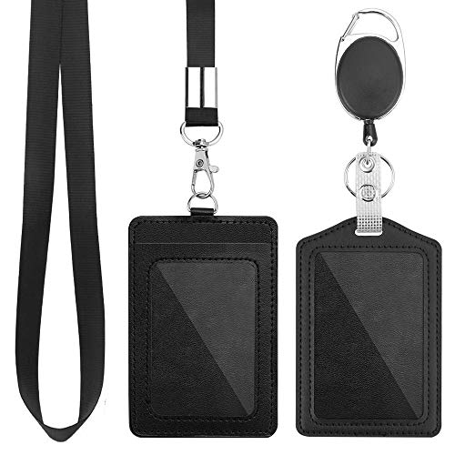 2 Pack Badge Holders, Vertical PU Leather ID Badge Card Holder with 1 Clear ID Window, with Detachable Neck Lanyard Strap and Retractable Badge Reel ID Card Holders Set