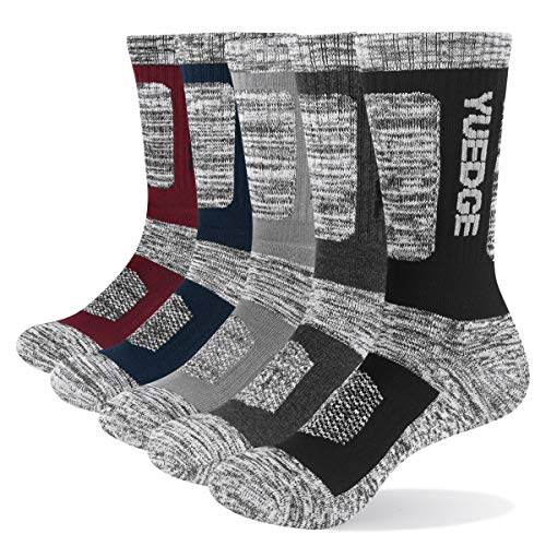 YUEDGE Men's 5Pairs/Pack Performance Cotton Moisture Wicking Sports Hiking Workout Training Cushion Crew Socks Size 9-12