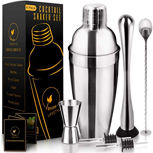 6 Pcs Stainless Steel 24oz Cocktail Shaker Set + Recipes Book - Easy to Clean Martini Shaker, Muddler, Mixing Spoon, Measuring Jigger, 2 Liquor Pourers - Drink Shaker for Home Bar, Christmas Gift