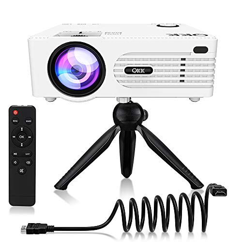 QKK Upgrade 5500Lumens Mini Projector [Tripod Included] for Outdoor Movies 200' Display Full HD 1080P Supported Portable Projector, Compatible with Phones, TV Stick, PS4, HDMI, AV, Soundbar, Dual USB