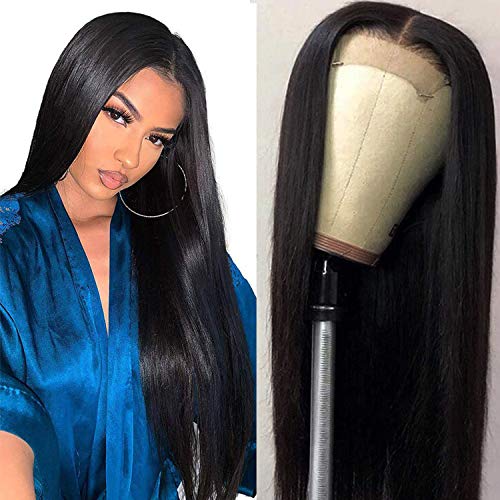 Straight Human Hair 150% Density Lace Closure Wigs With Baby Hair (22'') Brazilian Virgin Human Hair Wig With Free Part Natural Color 22 inches