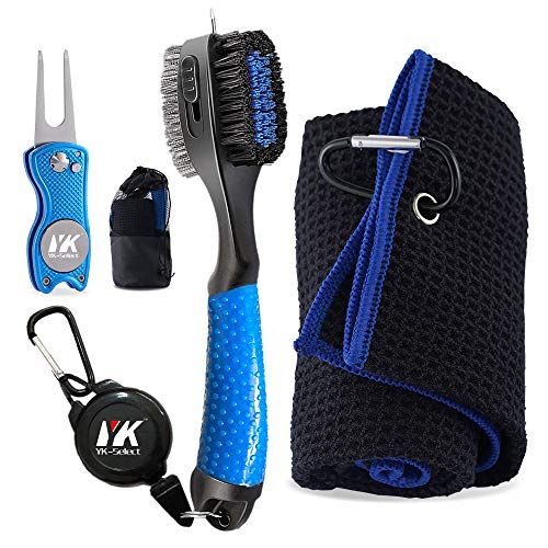 YK Golf Groove Cleaning Tool Set - Microfiber Waffle Pattern Golf Towel | Retractable Club Groove Cleaner Brush | Foldable Divot Tool with Magnetic Ball Marker (Blue)