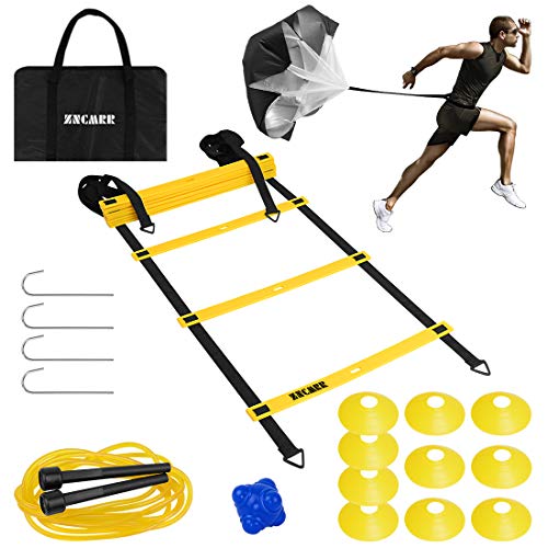 Speed Agility Training Set- Adjustable 12-Level Agility Ladder with Carrying Bag, Resistance Parachute, 10 Disc Cones, Used for Training Soccer, Hockey & Basketball, Improving Strength and Speed