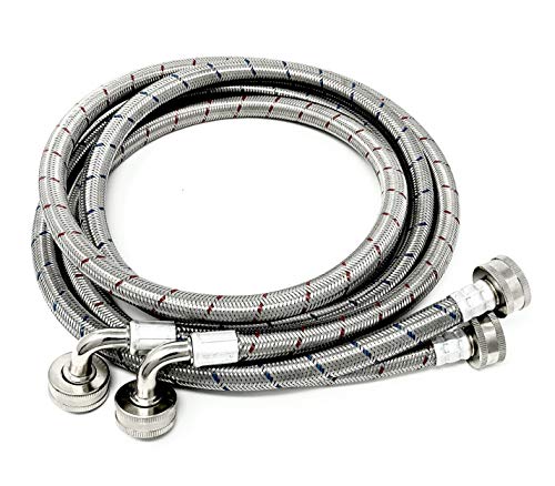 2-Pack Premium Stainless Steel Washing Machine Hoses - 5 FT No-Lead Burst Proof Red and Blue Lined Water Inlet Supply Lines - Universal 90 Degree Elbow Connection - 10 Year Warranty