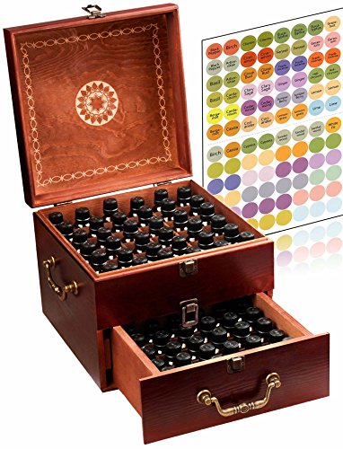 Beautiful 2 Tier Essential Oil Storage Box Organizer with 2 Carry Handles Holds 85 5-30ml & 10ml Roller Bottles (Space for 2oz 4oz Bottles) Free Bottle Opener & 192 EO Labels - Wooden Oil Case Holder