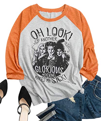 Halloween T-Shirt Women's Sanderson Sisters Shirt Teen Girls Hocus Pocus Raglan 3/4 Sleeve Splicing Top Tees (Grey-Orange, XXX-Large)