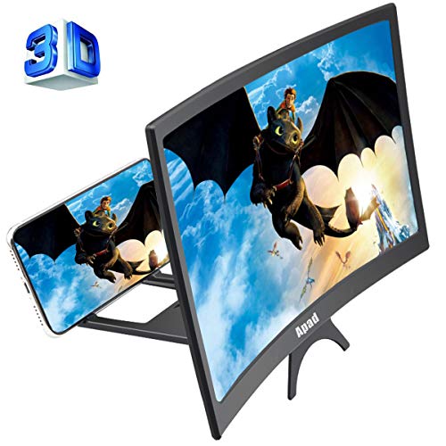 12'' 3D Curve Screen Magnifier for Cell Phone, HD Amplifier Projector Magnifing Screen Enlarger for Movies, Videos, and Gaming with Foldable Stand Compatible with All Smartphones (Black, 12 inch)