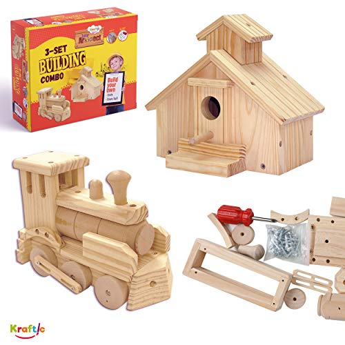 Kraftic Woodworking Building Kit for Kids and Adults, with 2 Educational DIY Carpentry Construction Wood Model Kit Toy Projects for Boys and Girls - Town Hall and Train