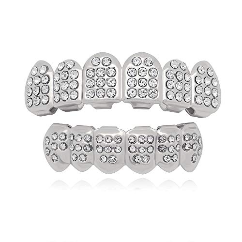 LuReen Silver 6 Teeth Grillz Hip Hop Joker Diamond Top & Bottom Teeth Caps Grillz Set