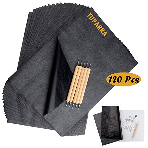 TUPARKA 120 Sheets Carbon Copy Paper with 5 PCS Embossing Stylus,Black Transfer Paper Tracing Paper for Tracing on Wood,Fabric Tattoo Stencil Copy Accessory