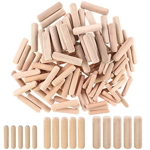 Hilitchi 400pcs 6mm 8mm 10mm (Approx 1/4” 5/16” 3/8') L Fluted Wood Dowel Pins Beveled Ends Tapered for Easier Insertion Straight Grooved Pins for Furniture Door and Art Projects