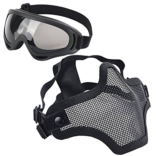 LAOSGE Airsoft Mask,Mesh Half Face Full Black Set with UV 400 Anti Fog Goggles