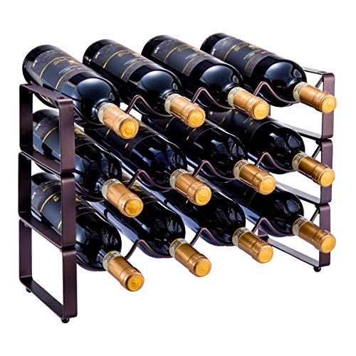 3 Tier Stackable Wine Rack, Countertop Cabinet Wine Holder Storage Stand - Hold 12 Bottles, Metal (Bronze)