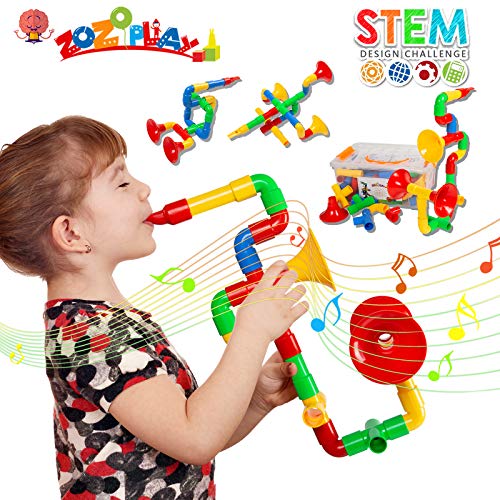 ZoZoplay STEM Toys Tube Locks 72 Piece Tubular Pipes & Spouts & Joints & Whistles Learning Educational Building Block Set with Wheels Gift for Boys Girls