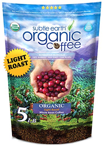 5LB Subtle Earth Organic Coffee - Light Roast - Whole Bean - Organic Arabica Coffee - (5 lb) Bag