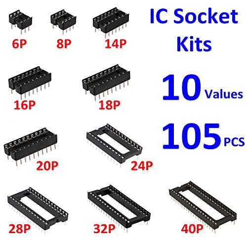 MOONLIGHT IC Socket Kit 10 values 6 8 14 16 18 20 24 28 32 40Pin Total 105pcs Adapter Solder Type 2.54mm DIP for IC Transistor