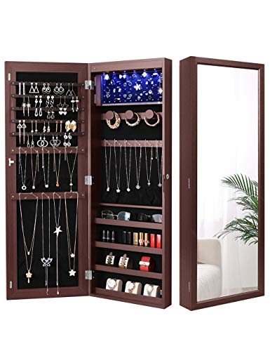 Nicetree 6 LEDs Jewelry Armoire Organizer, Wall/Door Mounted Jewelry Cabinet with Full Length Mirror, Larger Capacity, Dressing Mirror, Brown