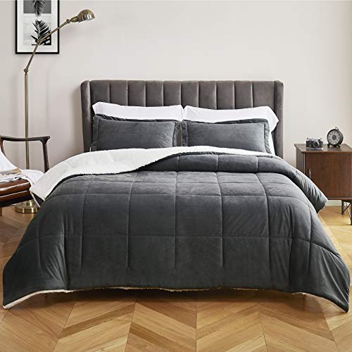 Bedsure Luxurious Micromink Sherpa Full/Queen Comforter Set 3 Pieces - (1 Comforter 88x88 and 2 Pillowshams), Reversible Down Alternative Comforter, Machine Washable, Dark Grey