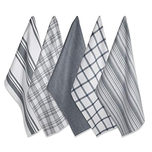 DII Kitchen Dish Towels (Gray, 18x28'), Ultra Absorbent & Fast Drying, Professional Grade Cotton Tea Towels for Everyday Cooking and Baking - Assorted Patterns, Set of 5
