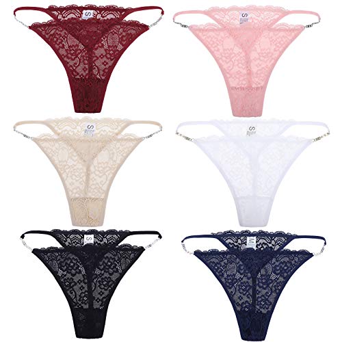 BIONEK Lace Thongs for Women Sexy Tanga Panties G-String Diamond Connection Waistband Floral Panty Multipack Pack of 6